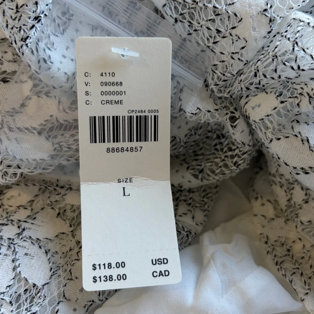 Anthropologie Mock Neck Long-Sleeve Lace Top Cream Black Sz L NEW
